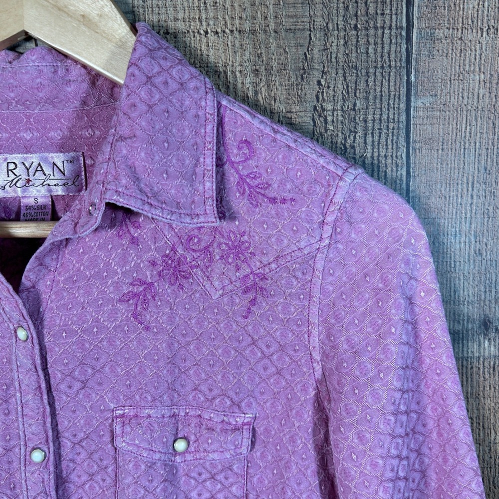 Ryan Michael Pink Silk Cotton Embroidered Western Pearl Snap Shirt Small S - Picture 4 of 11